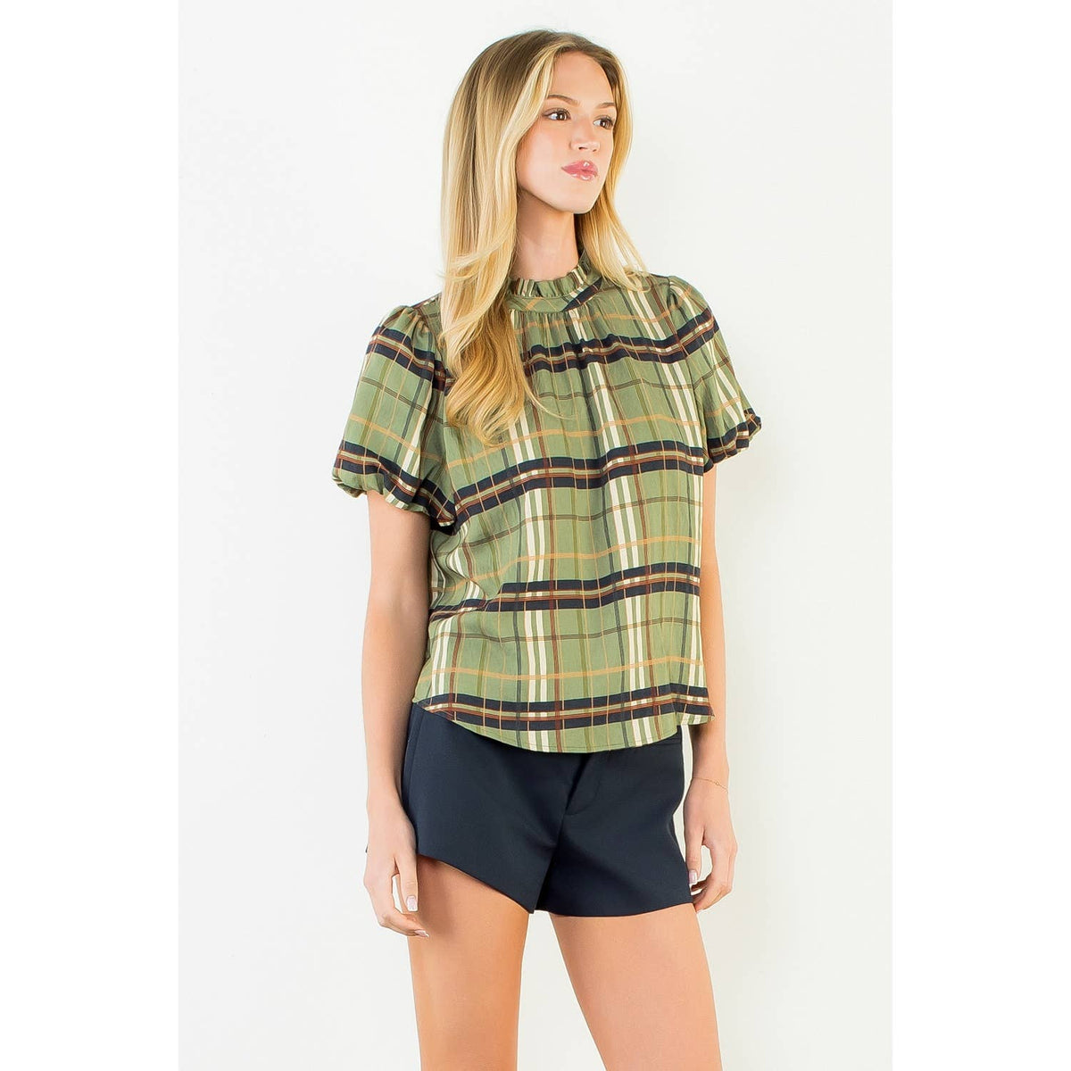 Ruffled Neck Plaid Top