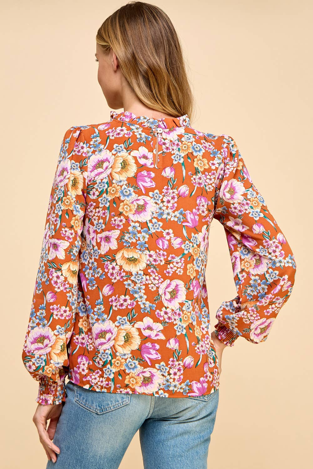 Floral Printed Top with Ruffled Neck Detail and Smocked Sle