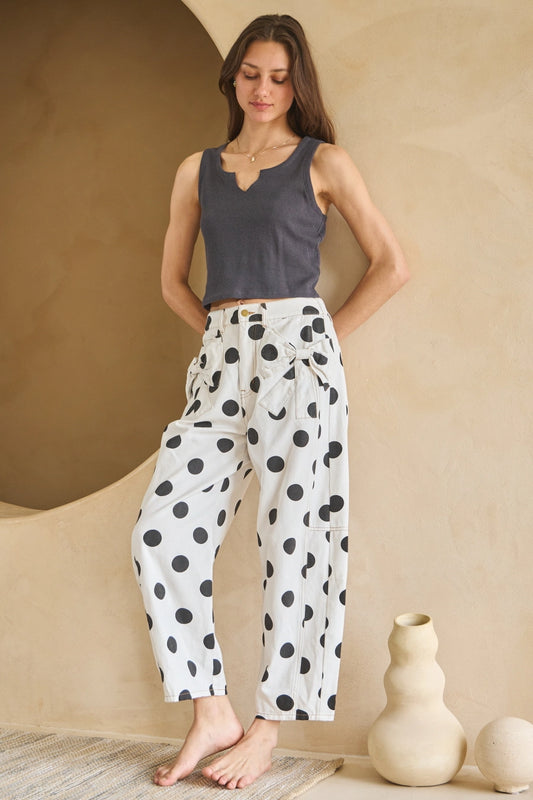 Polka Dot Printed Barrell Denim Pants