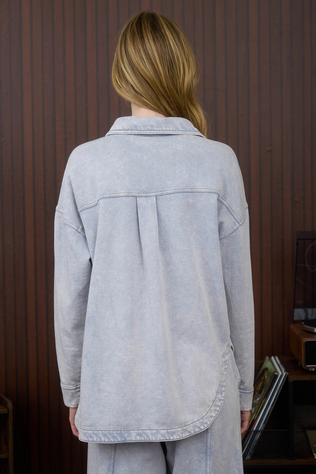 Acid Washed Collared Button Down Knit Shacket