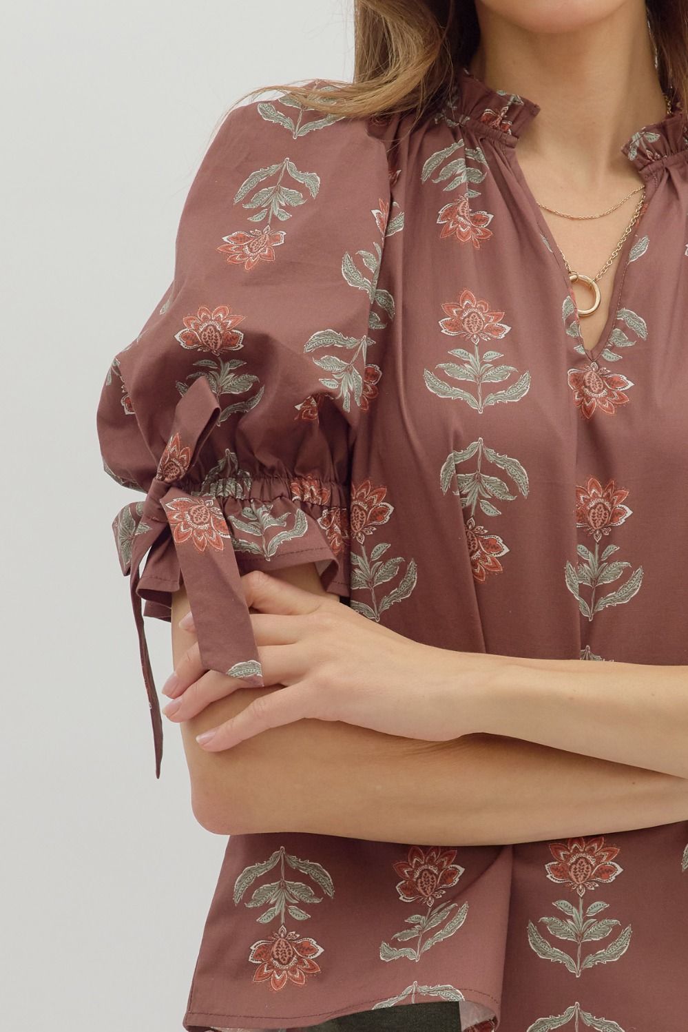 Entro Floral Print Ruffle Neck Top