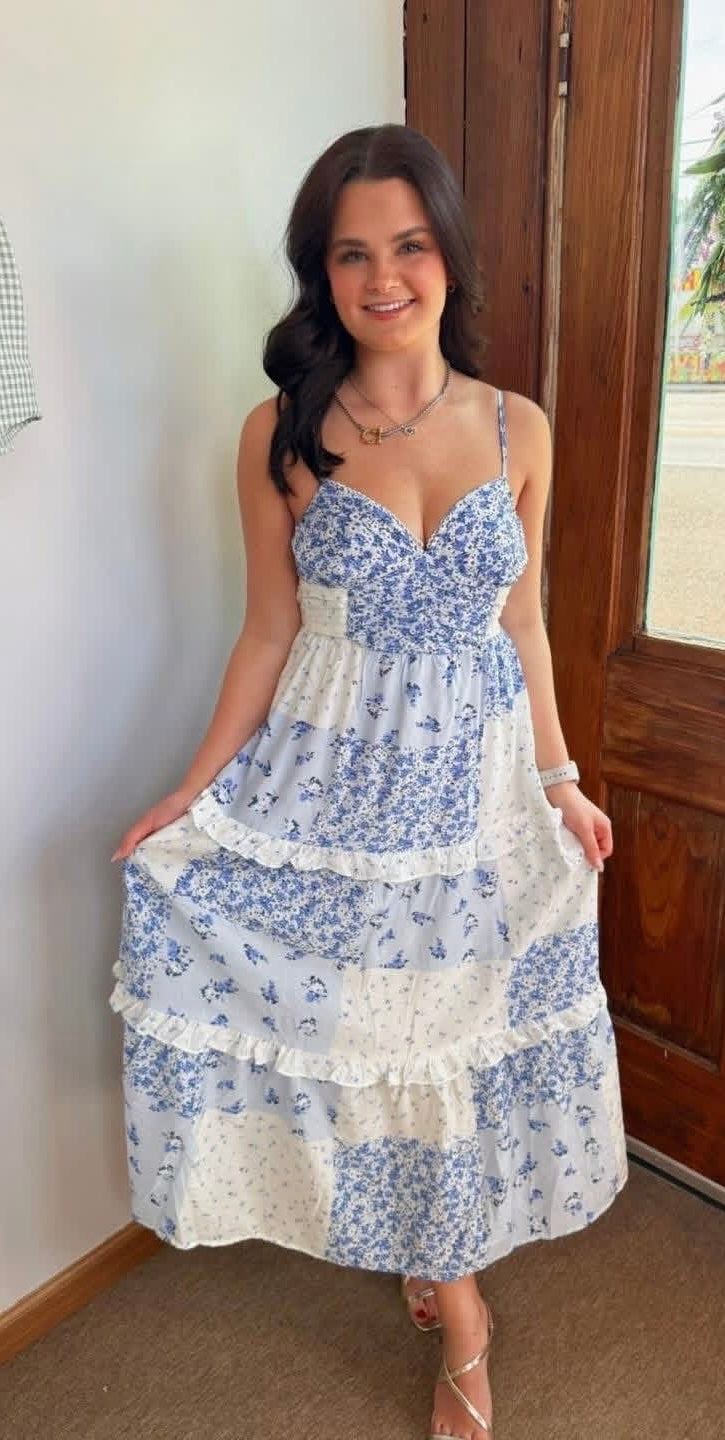 Multi-Checkered Pattern Floral Midi Dress