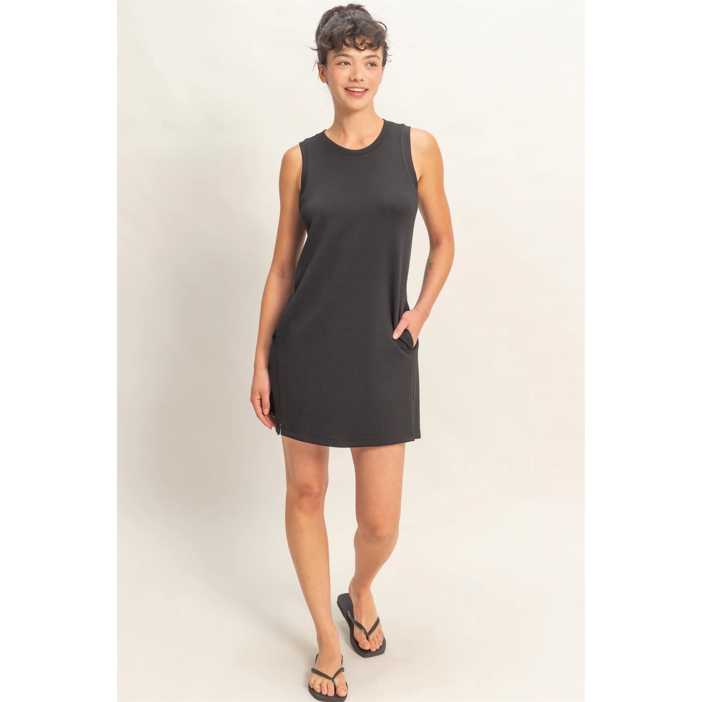 Crew Neck Tank Mini Dress-Black