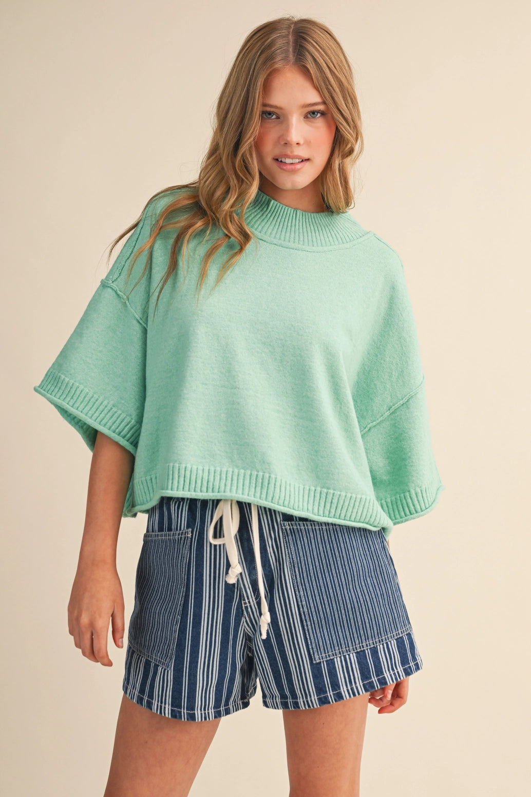 Marled Knit Mock Neck Short Sleeve Sweater