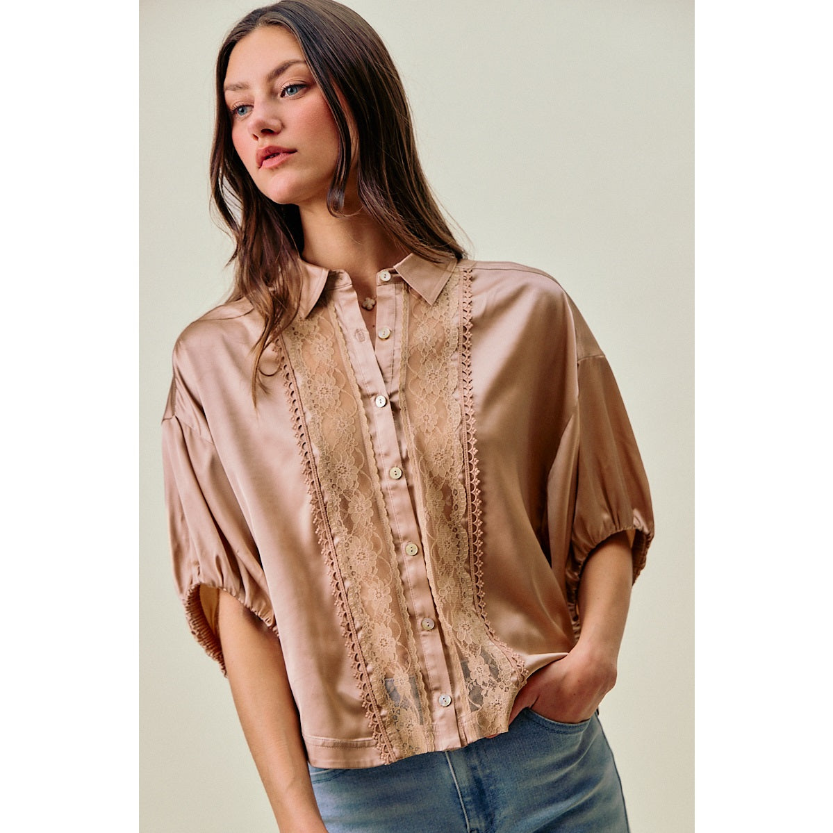 Satin Lace Trim Blouse