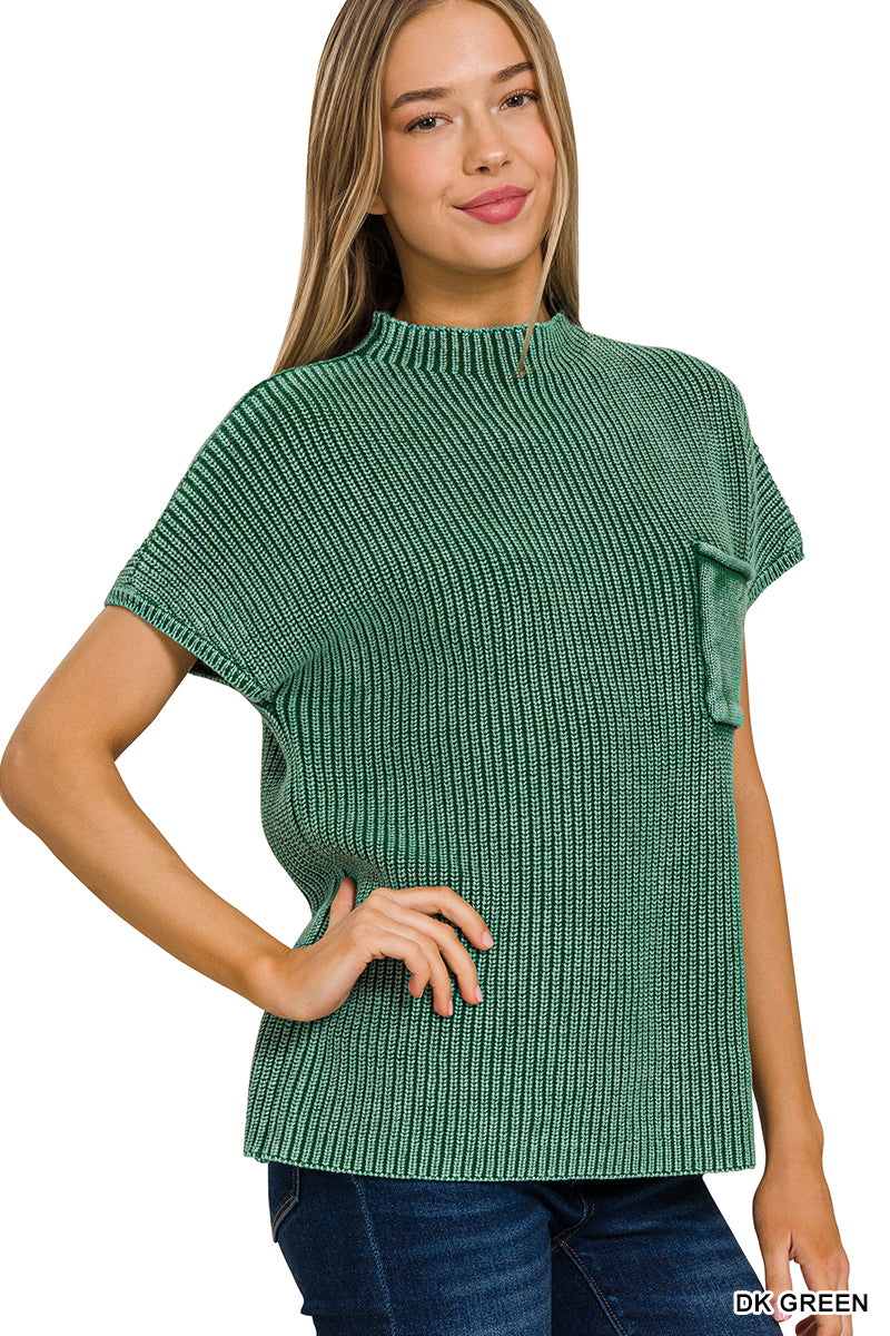 Washed Mock Neck Short Sleeve Sweater