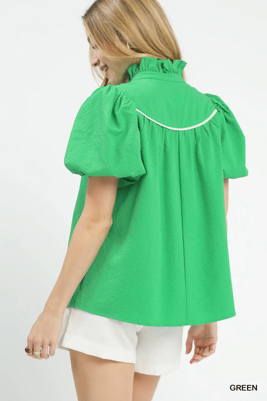 Umgee Textured Puff Sleeve-Green