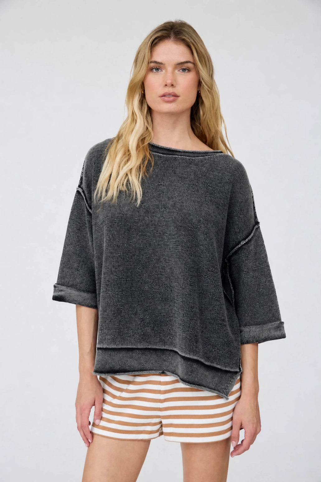 Washed Inverted Seam Short Sleeve Sweatshirt