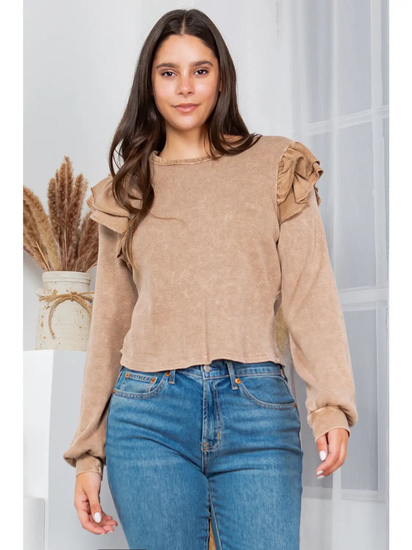 Mineral Wash Ruffle Shoulder Top