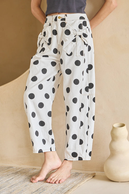Polka Dot Printed Barrell Denim Pants