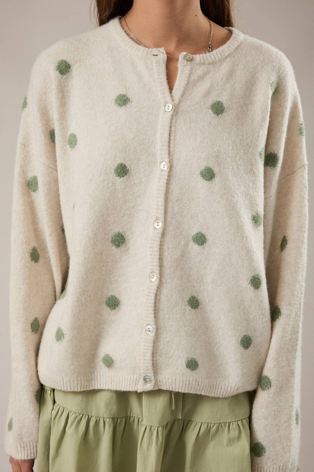LONG SLEEVE CREW NECK POLKA DOT SWEATER CARDIGAN