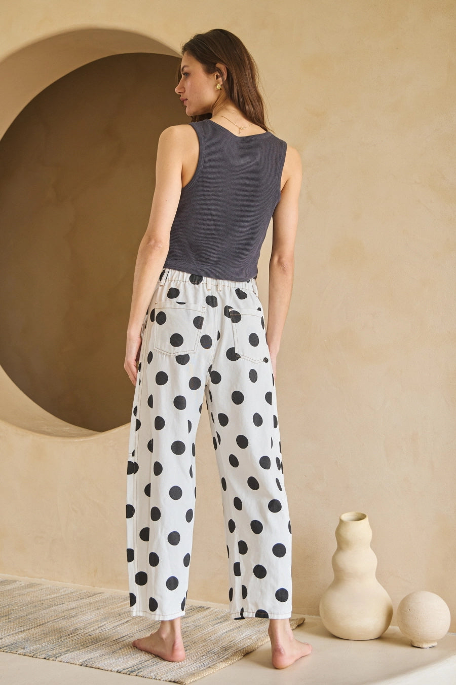 Polka Dot Printed Barrell Denim Pants