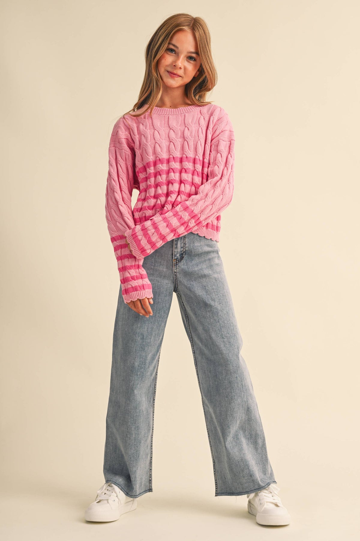 TWEEN GIRLS CABLE KNIT BOXY CROPPED PULLOVER (7/14)