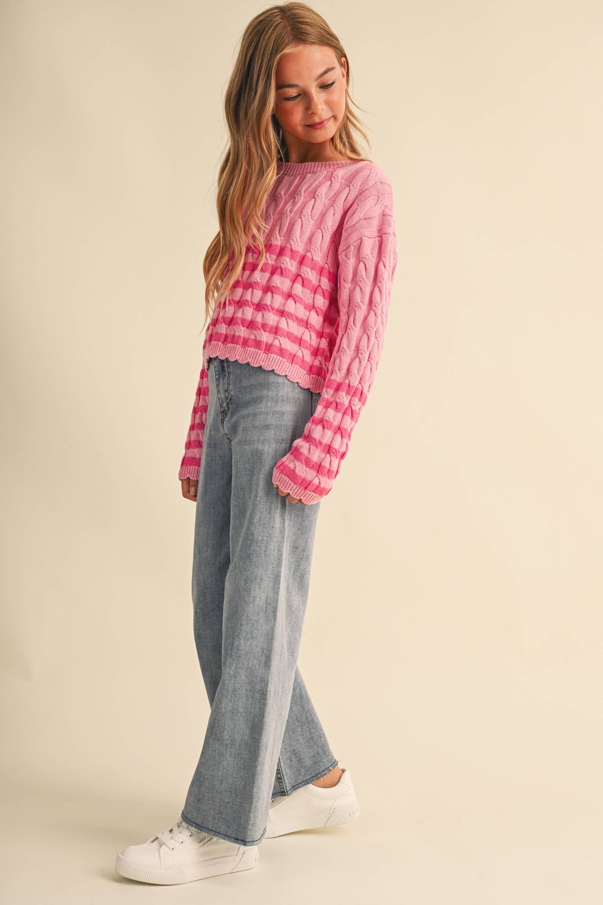 TWEEN GIRLS CABLE KNIT BOXY CROPPED PULLOVER (7/14)