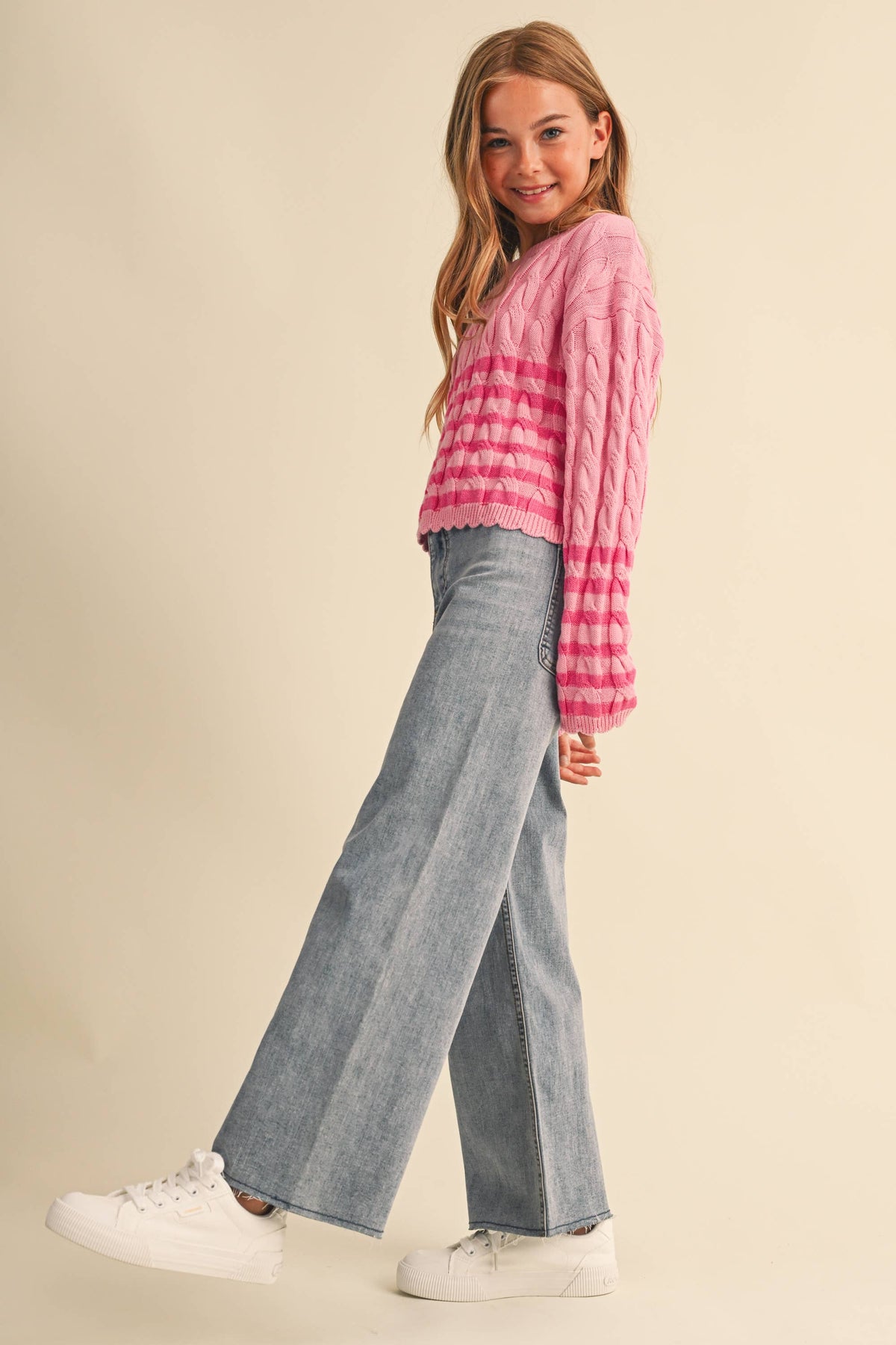 TWEEN GIRLS CABLE KNIT BOXY CROPPED PULLOVER (7/14)