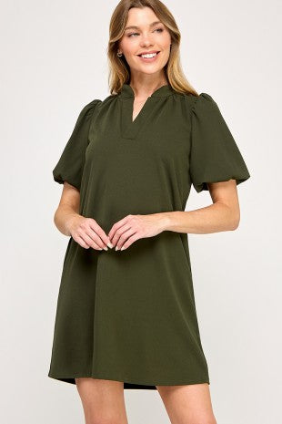 Solid Collared Dress-Olive