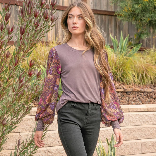 Solid Top with Printed Floral Sleeves
