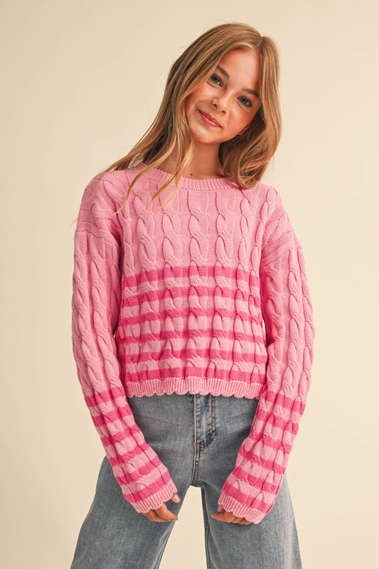 TWEEN GIRLS CABLE KNIT BOXY CROPPED PULLOVER (7/14)