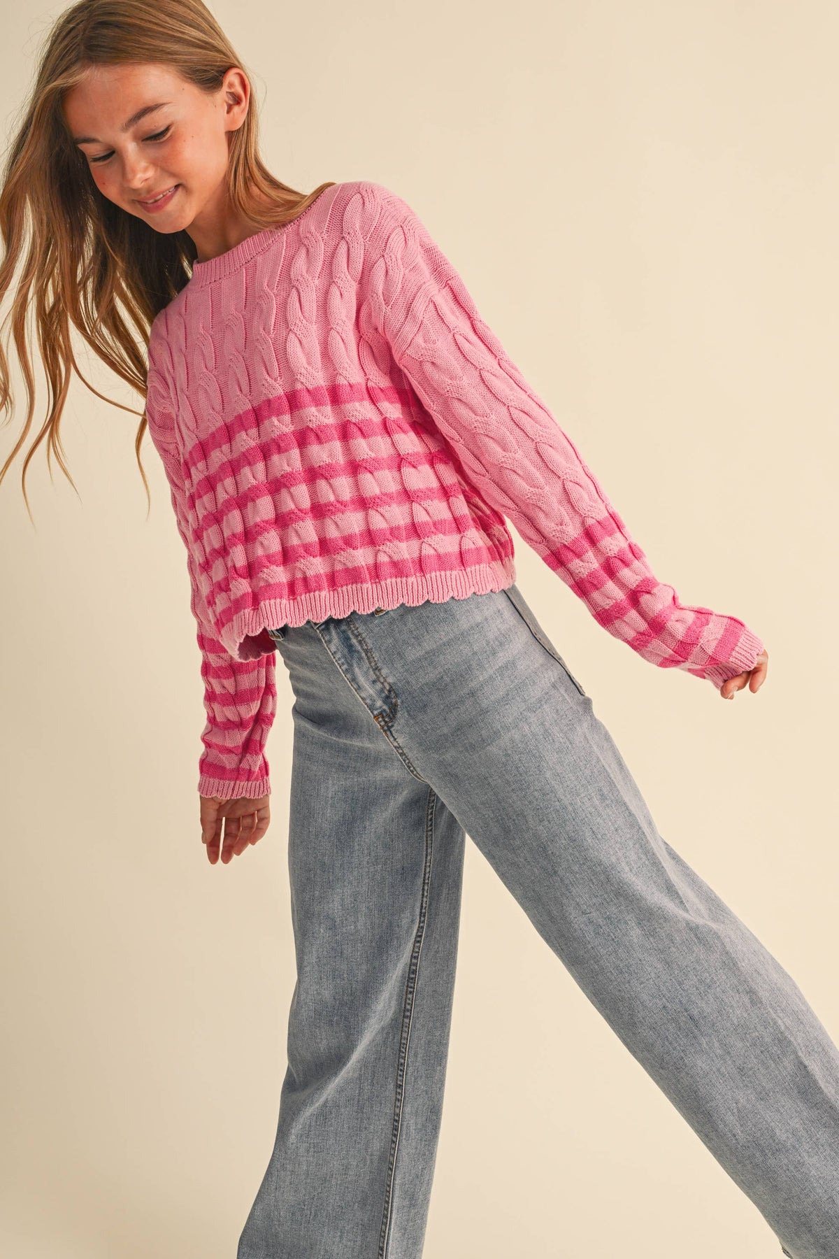 TWEEN GIRLS CABLE KNIT BOXY CROPPED PULLOVER (7/14)