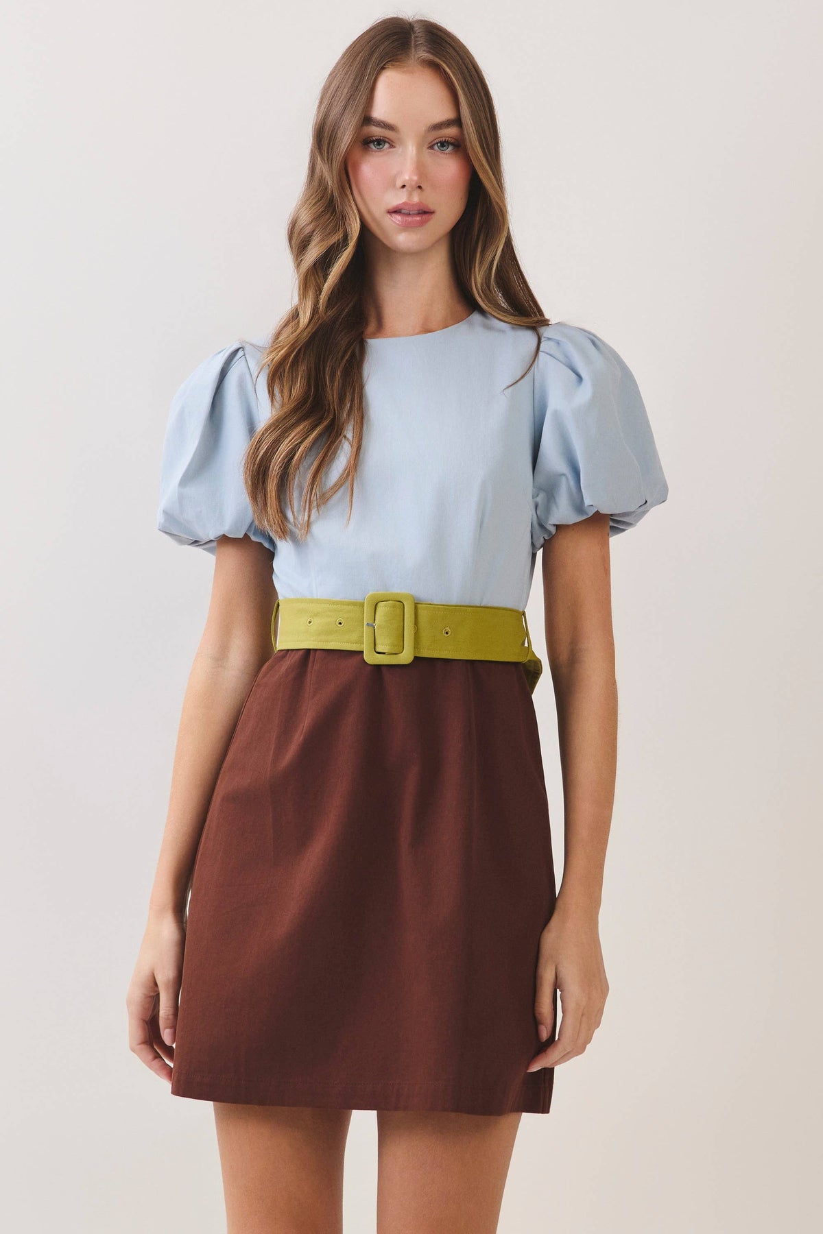 Color Block Puff Sleeve Mini Dress