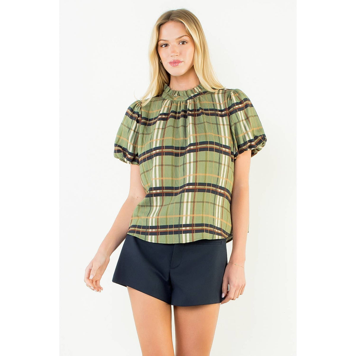 Ruffled Neck Plaid Top