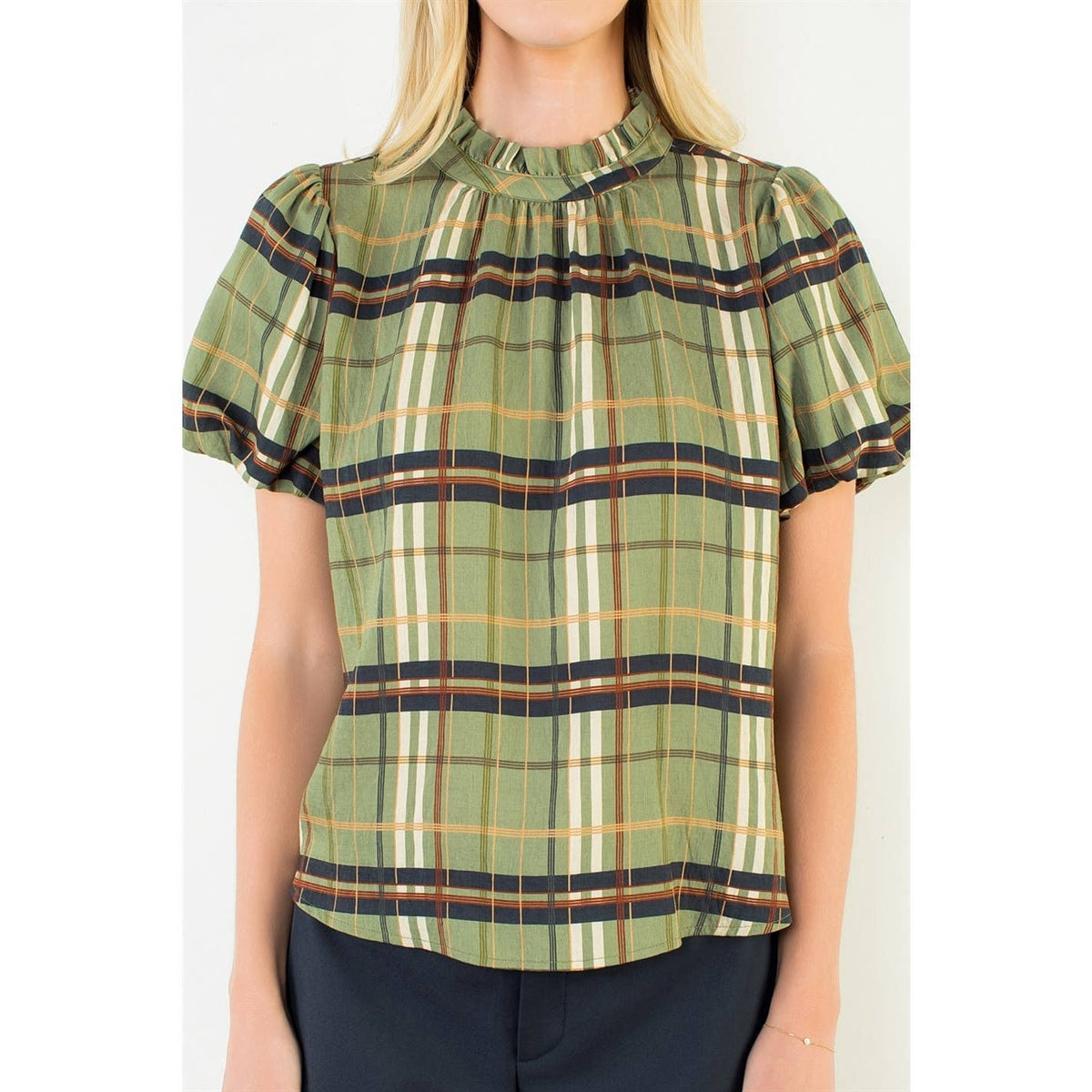 Ruffled Neck Plaid Top