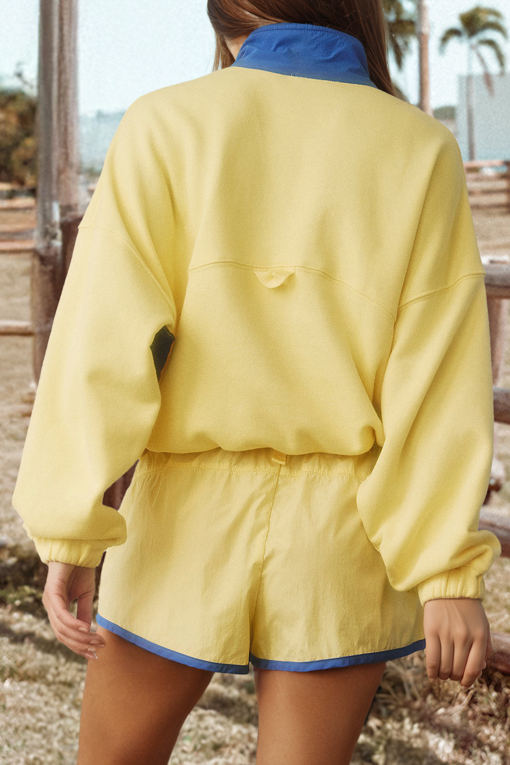 Color Block Patched Half Button Top and Shorts 2 piece set