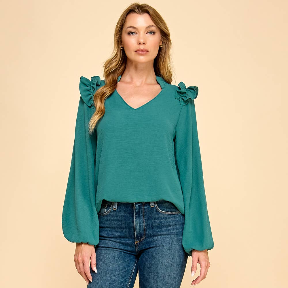 Ruffle Shoulder V-Neck Blouse