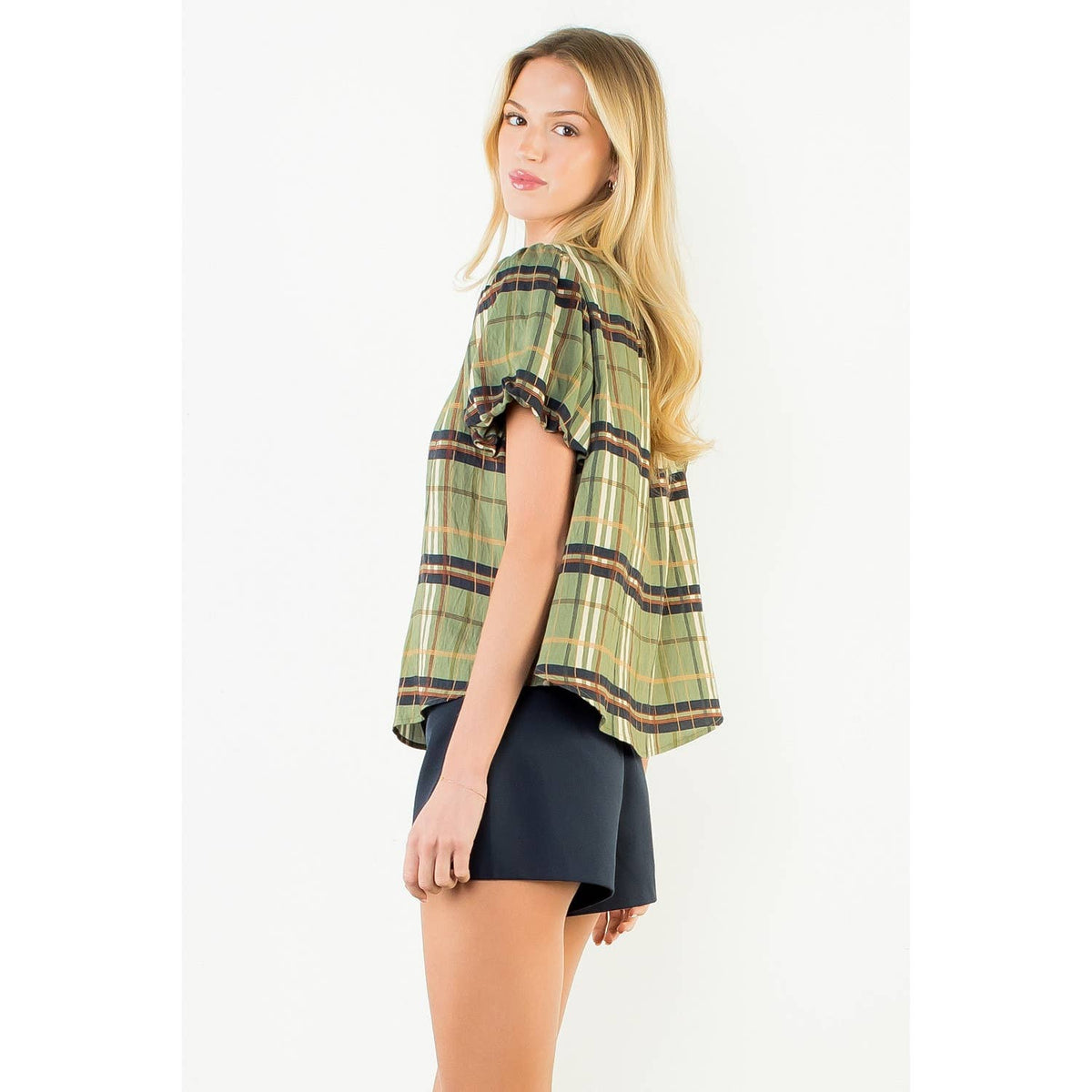 Ruffled Neck Plaid Top