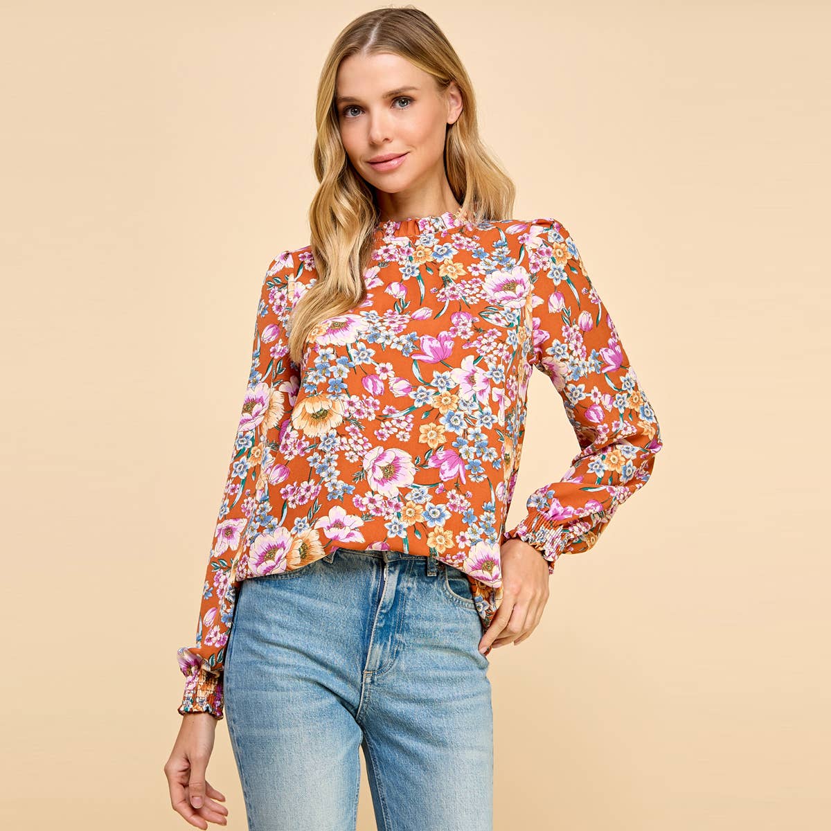 Floral Printed Top with Ruffled Neck Detail and Smocked Sle