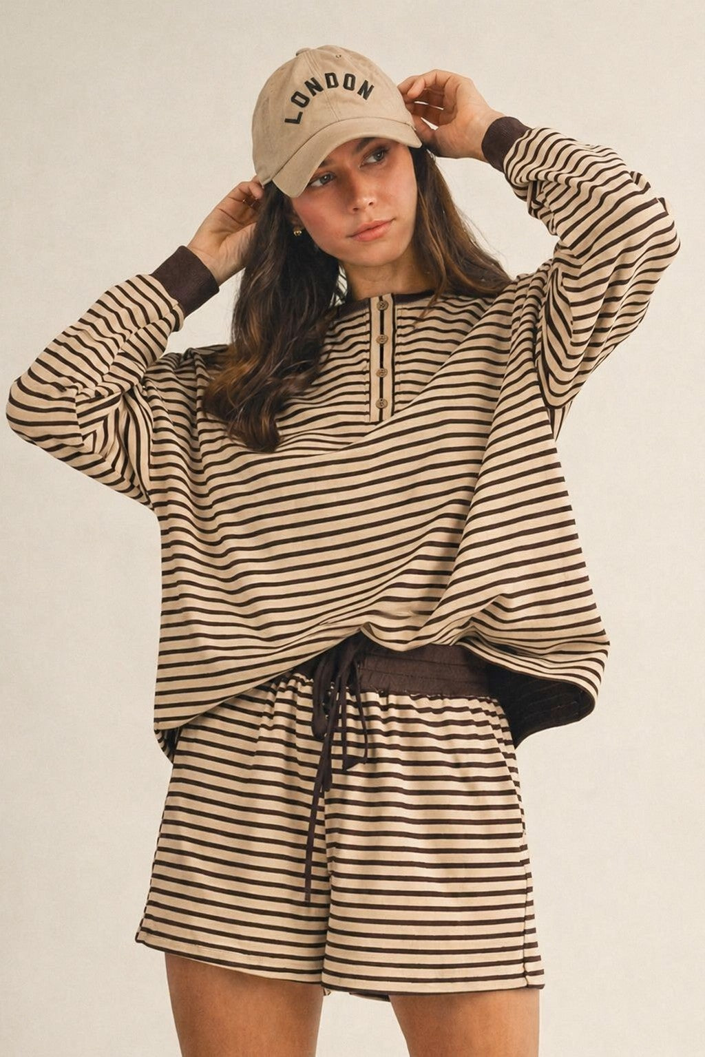 Soft Brushed Striped Pullover & Shorts-Latte