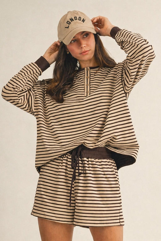 Soft Brushed Striped Pullover & Shorts-Latte