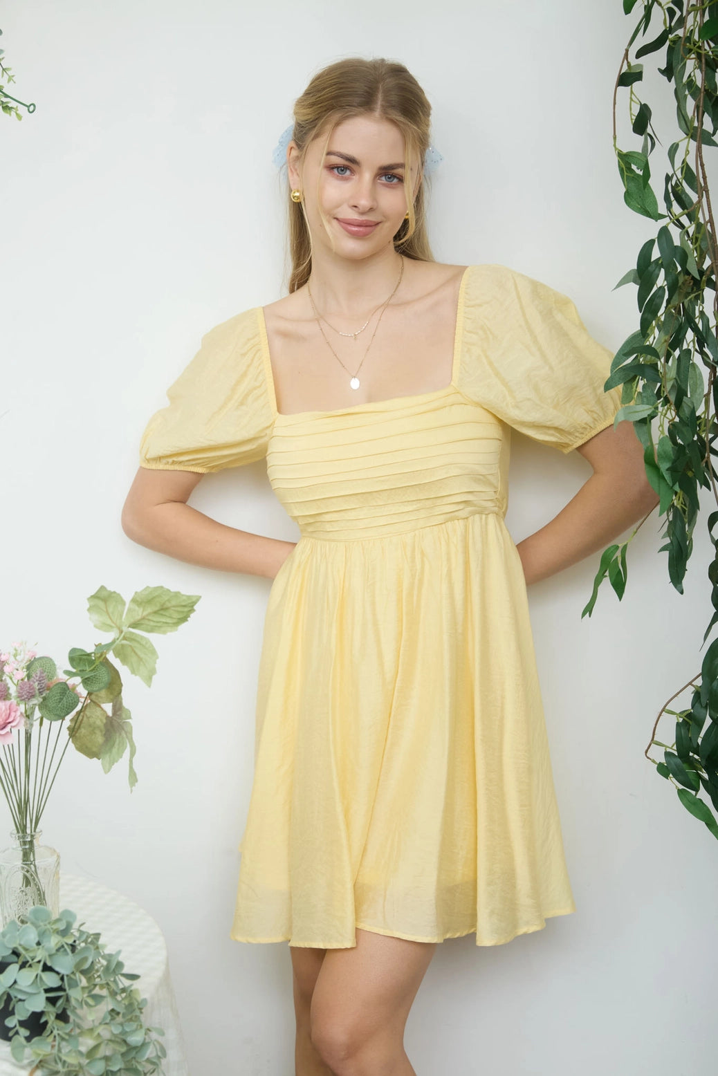 Pleated Bodice Puff Sleeve Mini Dress
