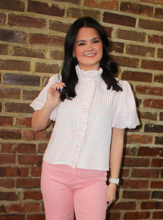 Striped Ruffled Button Down-Sweet Pink