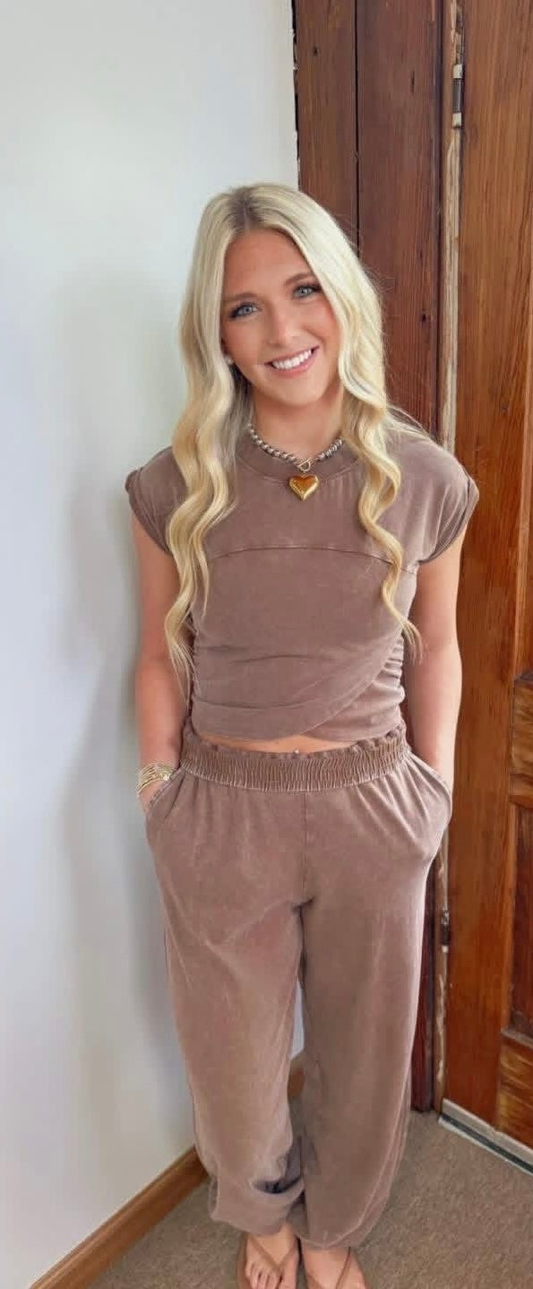 Rolled Sleeve Wrap-Front Crop Top and Jogger Set