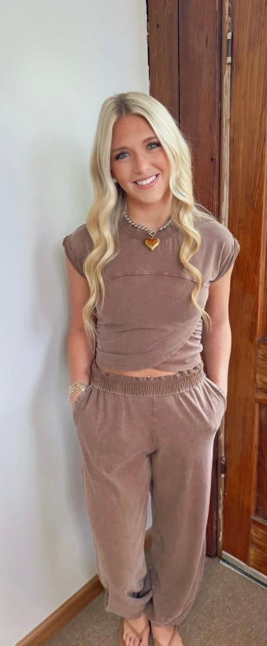 Rolled Sleeve Wrap-Front Crop Top and Jogger Set