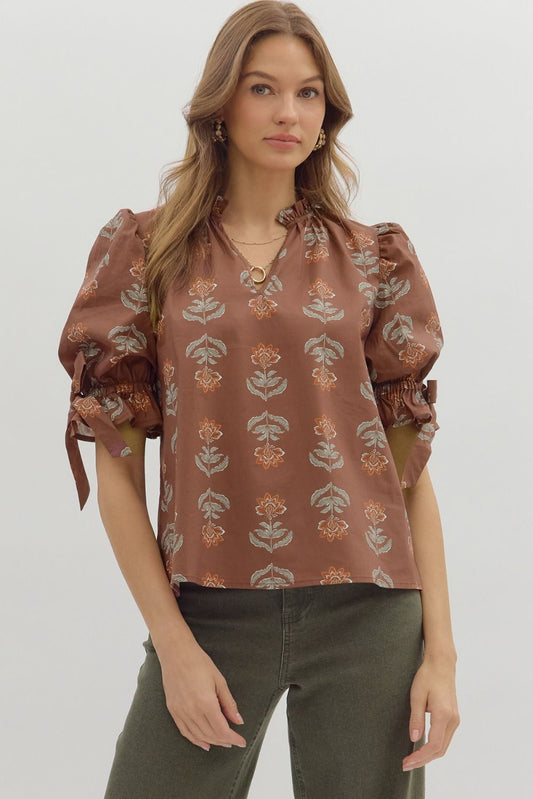 Entro Floral Print Ruffle Neck Top