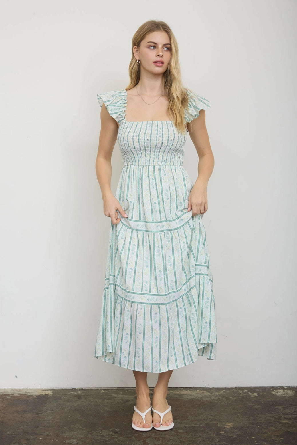 Stripe Floral Smocked Midi