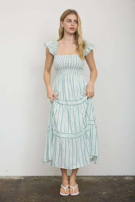 Stripe Floral Smocked Midi