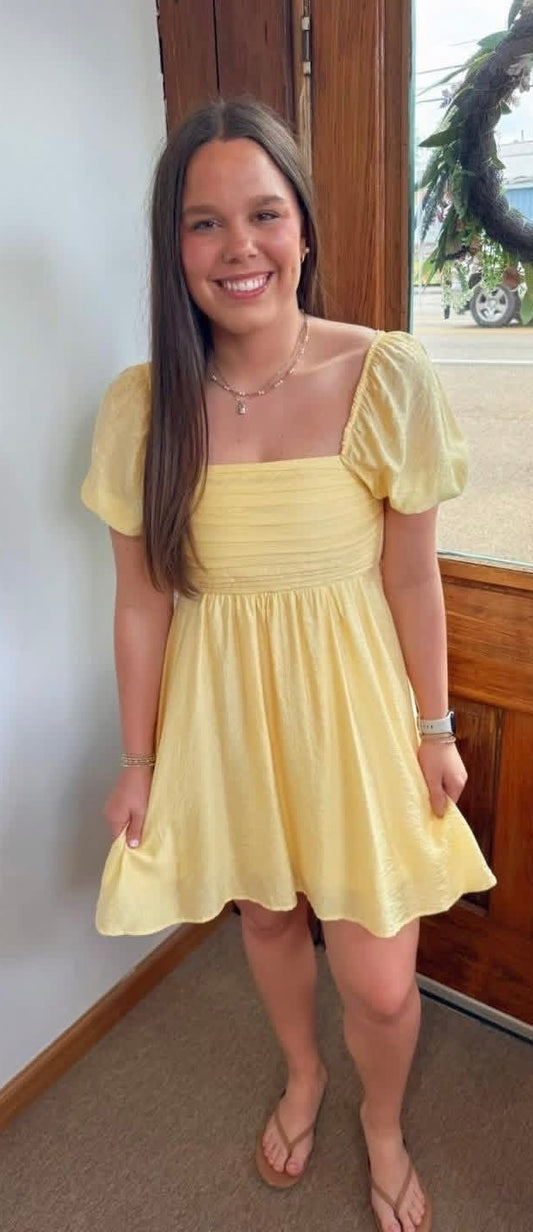 Pleated Bodice Puff Sleeve Mini Dress