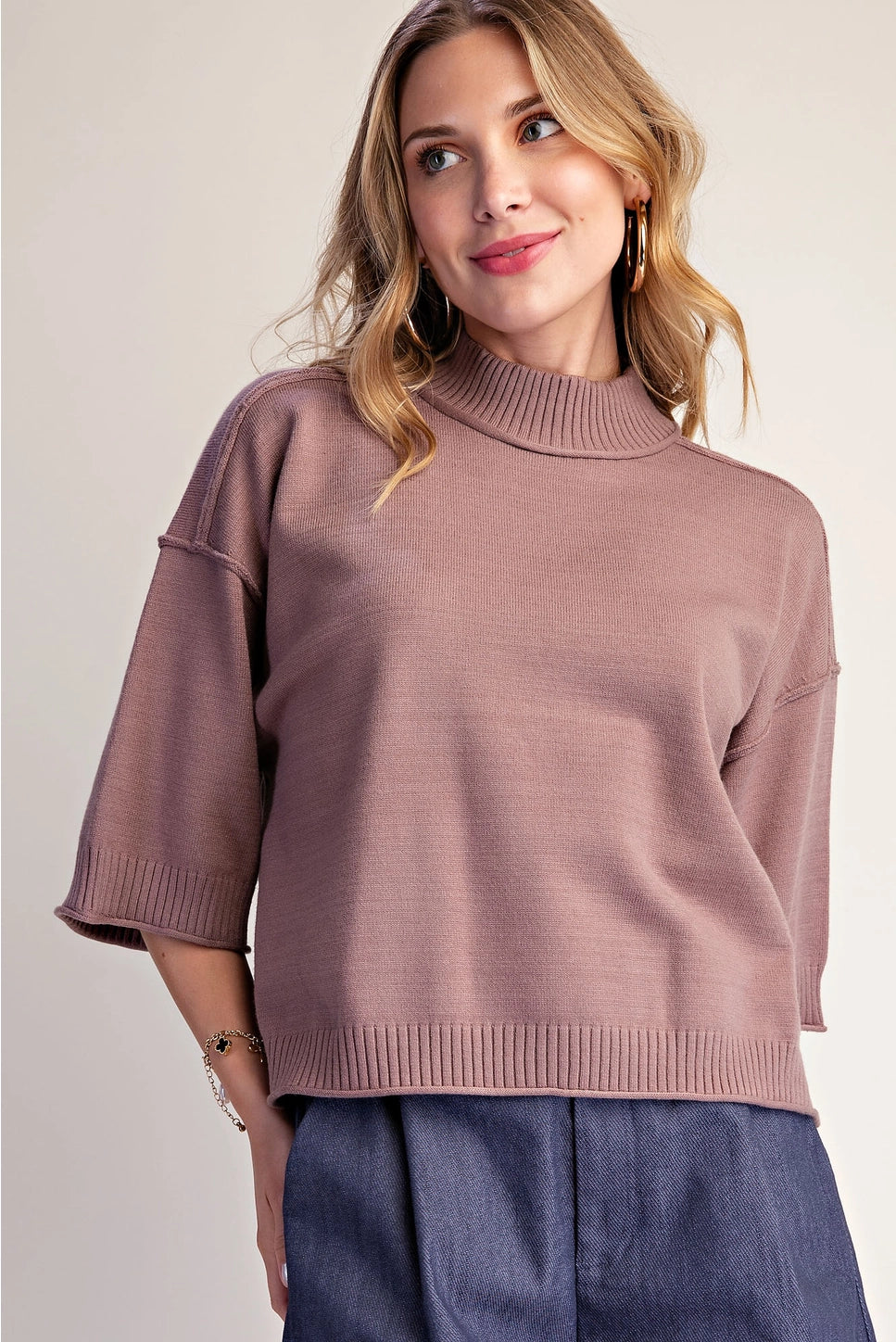 Mock Neck 3/4 Sleeves Sweater