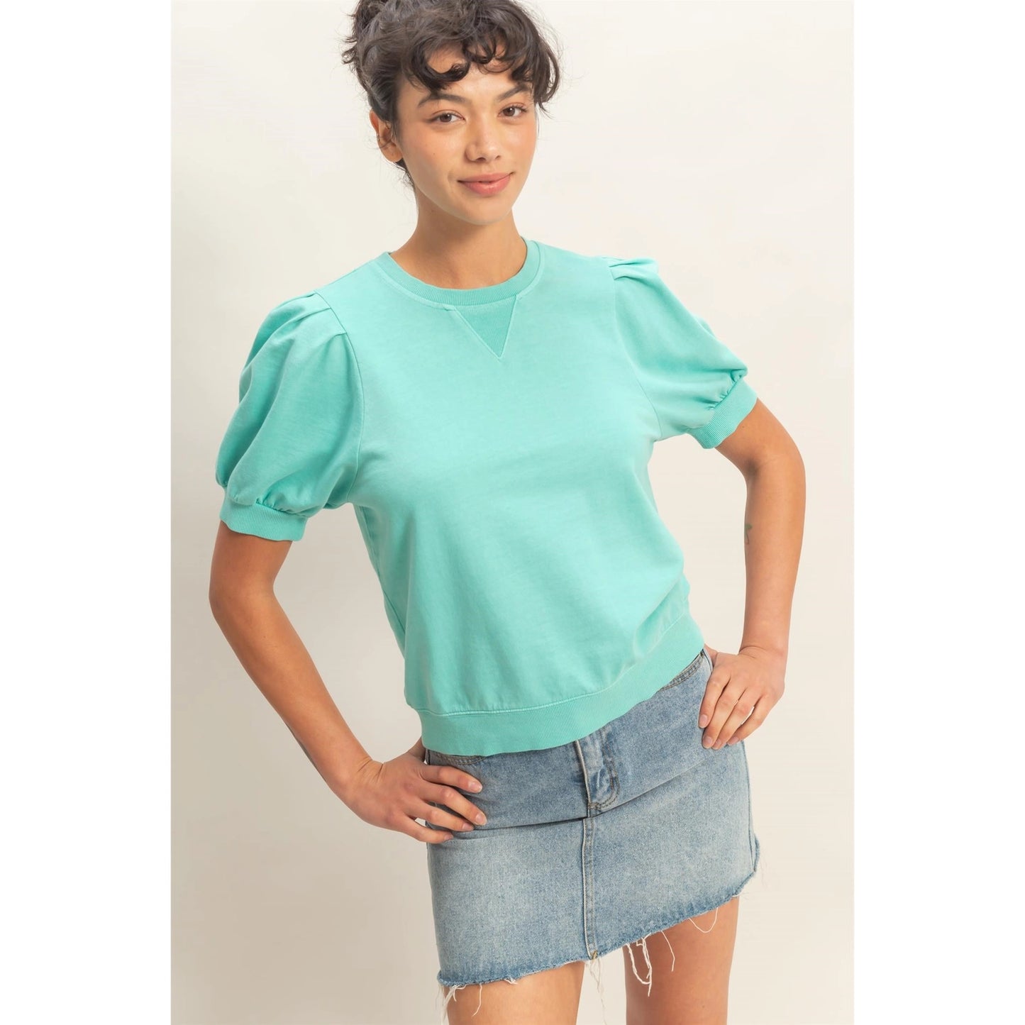 Puff Sleeve Crew Neck