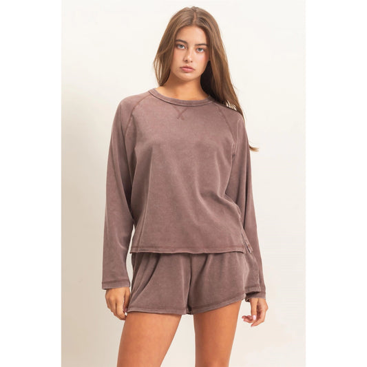 Mineral Wash Long Sleeve Raw Edge Top & Shorts Set