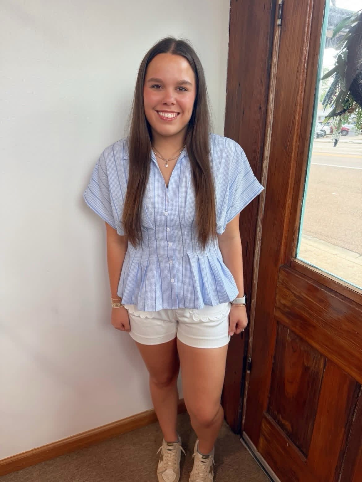 Gingham Waist-Defining Pleats Button Down