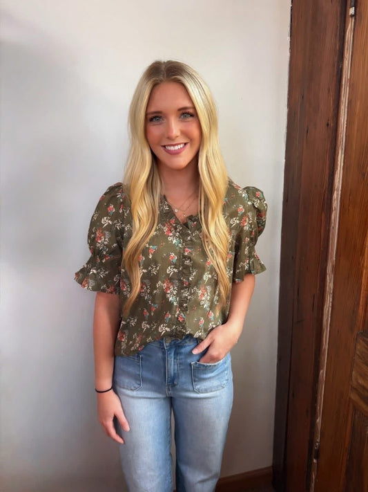 Ruffled Neck Floral Top