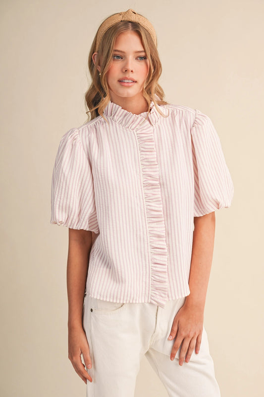 Striped Ruffled Button Down-Sweet Pink