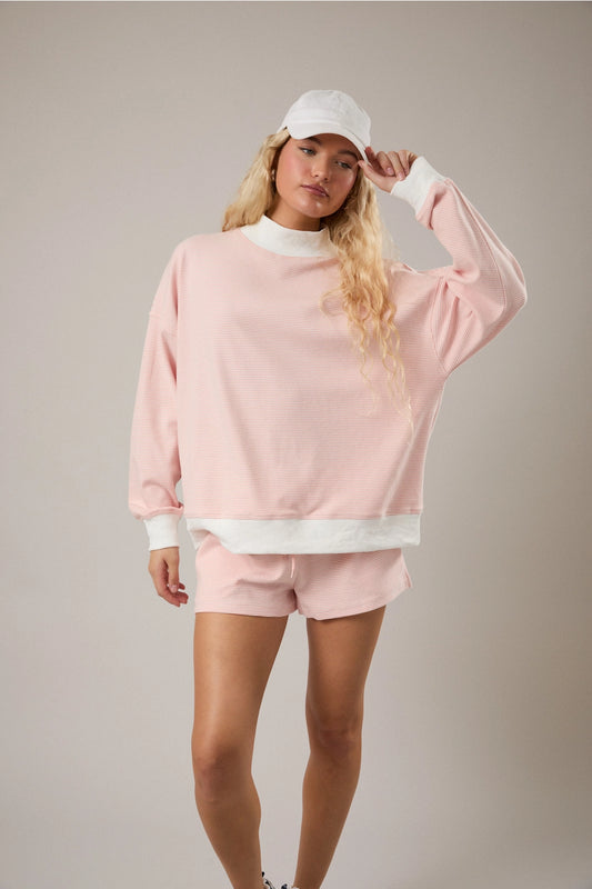 Mock Neck Striped Sweatshirt and Shorts Set