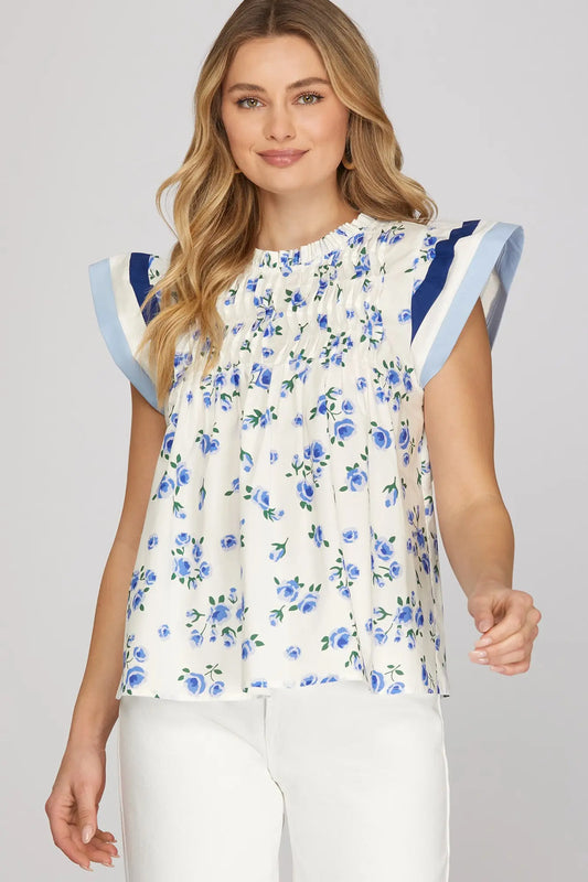CONTRAST RUFFLE SLEEVE PINTUCK DETAIL Floral