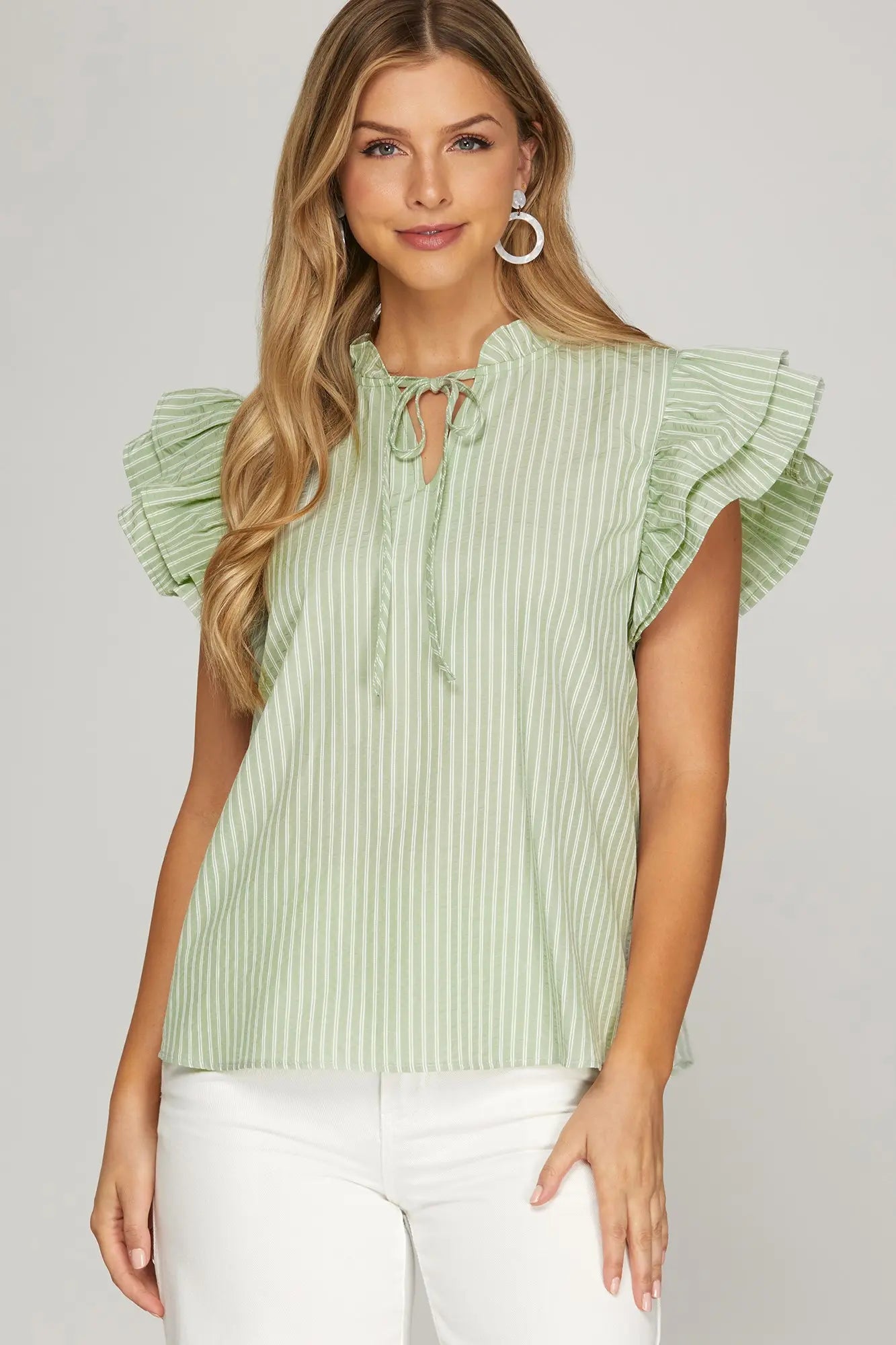 RUFFLED SLEEVE WOVEN STRIPED TOP