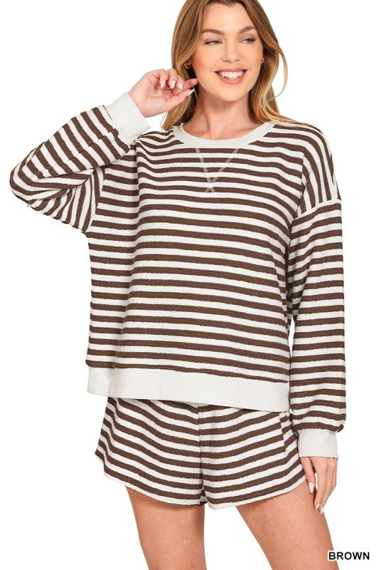 Striped Pullover and Shorts Set-Brown